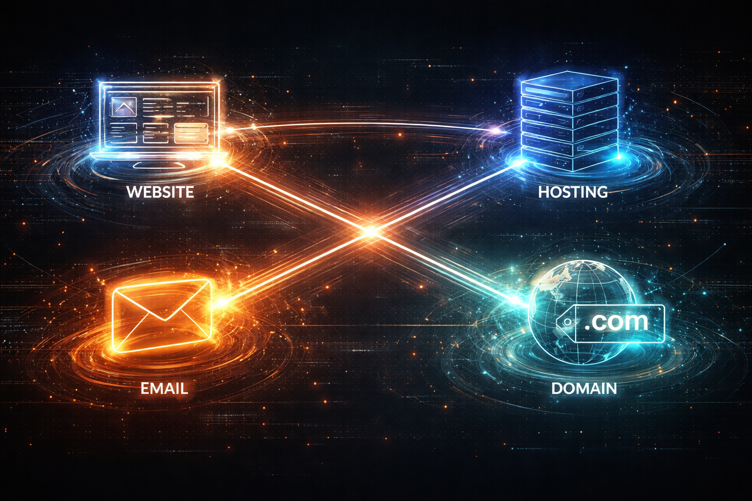 Diagram showing a domain connected to website hosting and business email