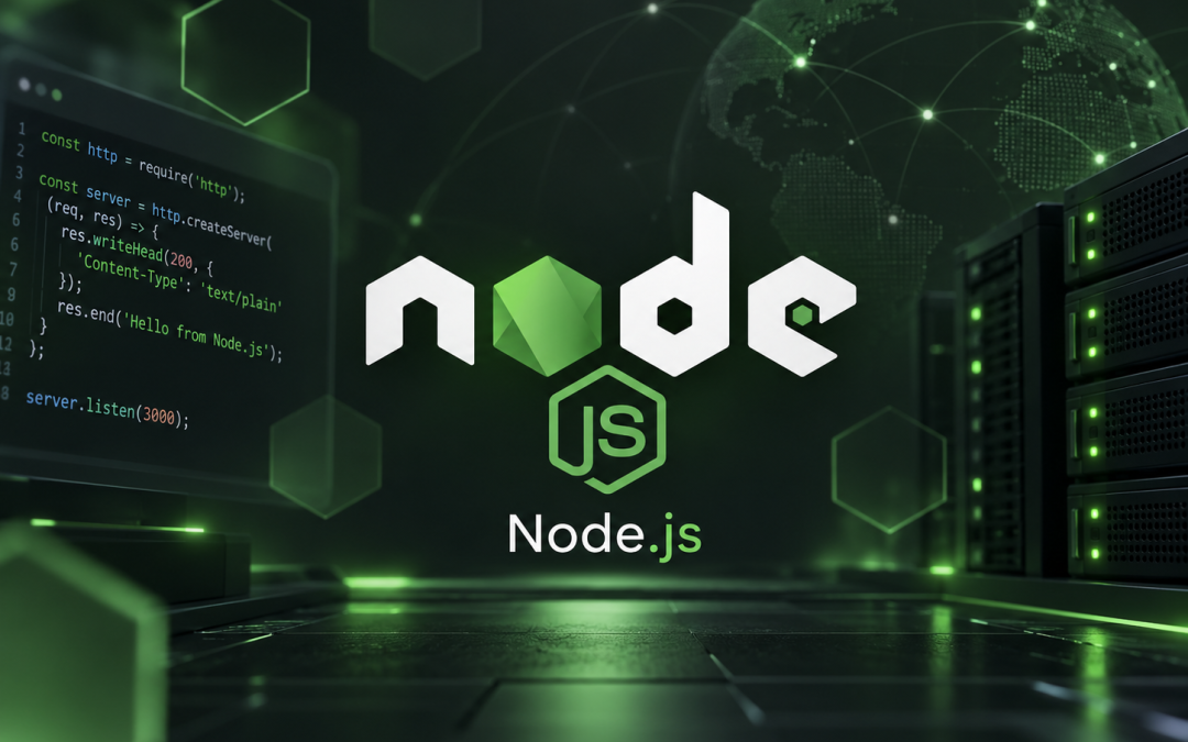 Node.js logo with JavaScript code, server racks and a connected globe