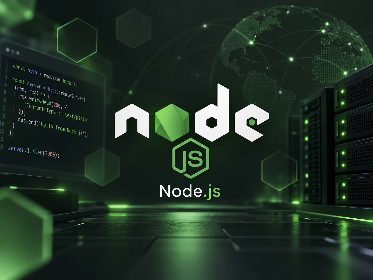 Node.js logo with JavaScript code, server racks and a connected globe