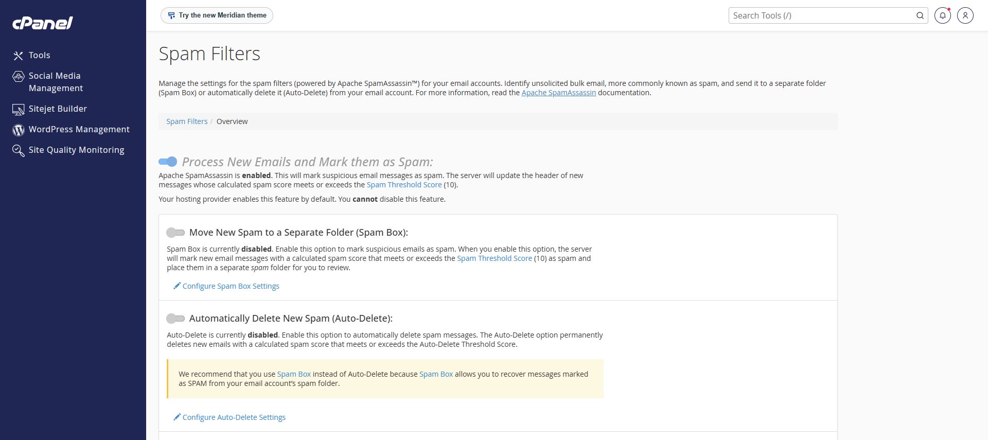 Current cPanel Spam Filters screen with SpamAssassin scoring, Spam Box and Auto-Delete controls.