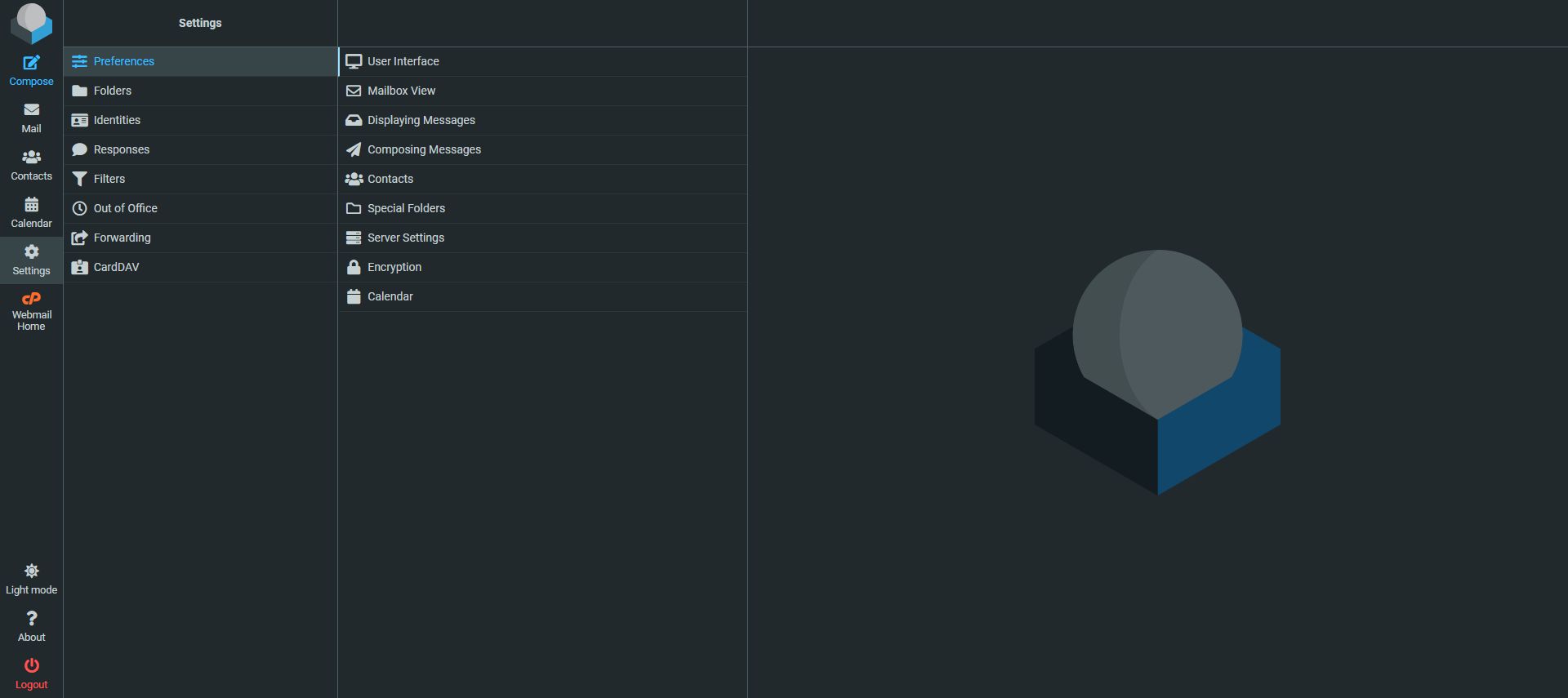 Roundcube left-hand menu showing Webmail Home below Settings