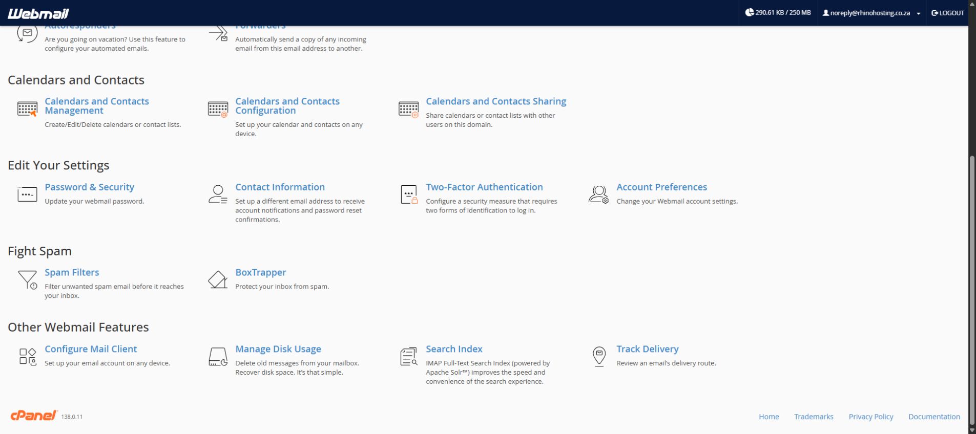 Webmail Home Edit Your Settings section showing the Password and Security link