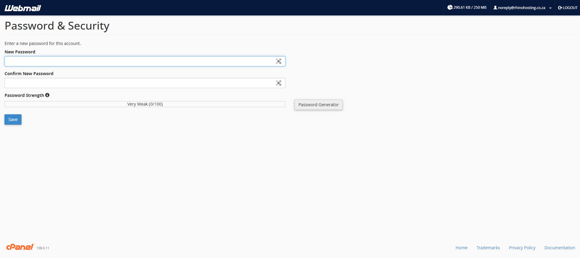 Password and Security form showing empty password fields, strength indicator, Password Generator and Save