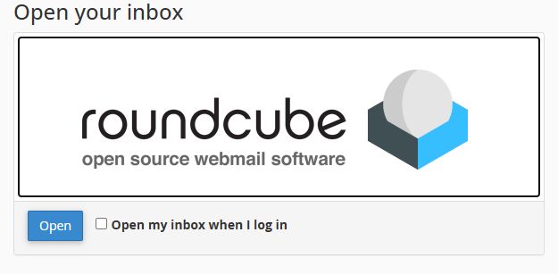 Rhino Hosting cPanel Webmail home screen showing Roundcube and the Open button; no mailbox or message content is displayed.